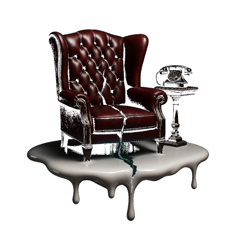 A deep red wing-back chair beside a small table with an old rotary telephone, standing on a spreading pool of white.