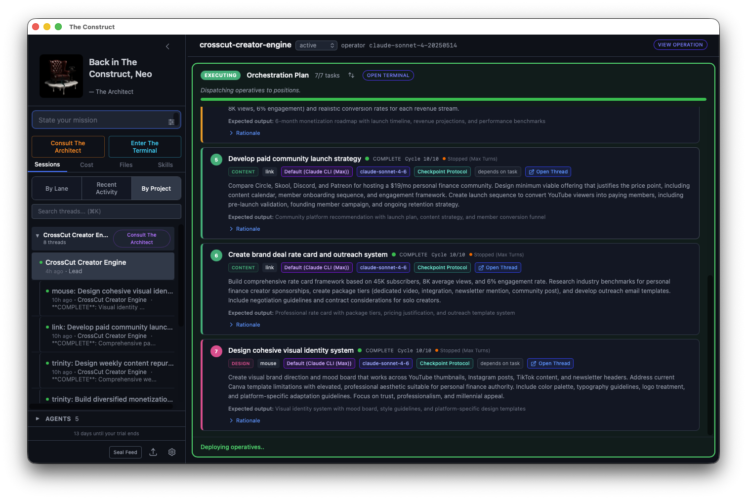 Terminal slide-over panel with IntelligenceBar and Architect response
