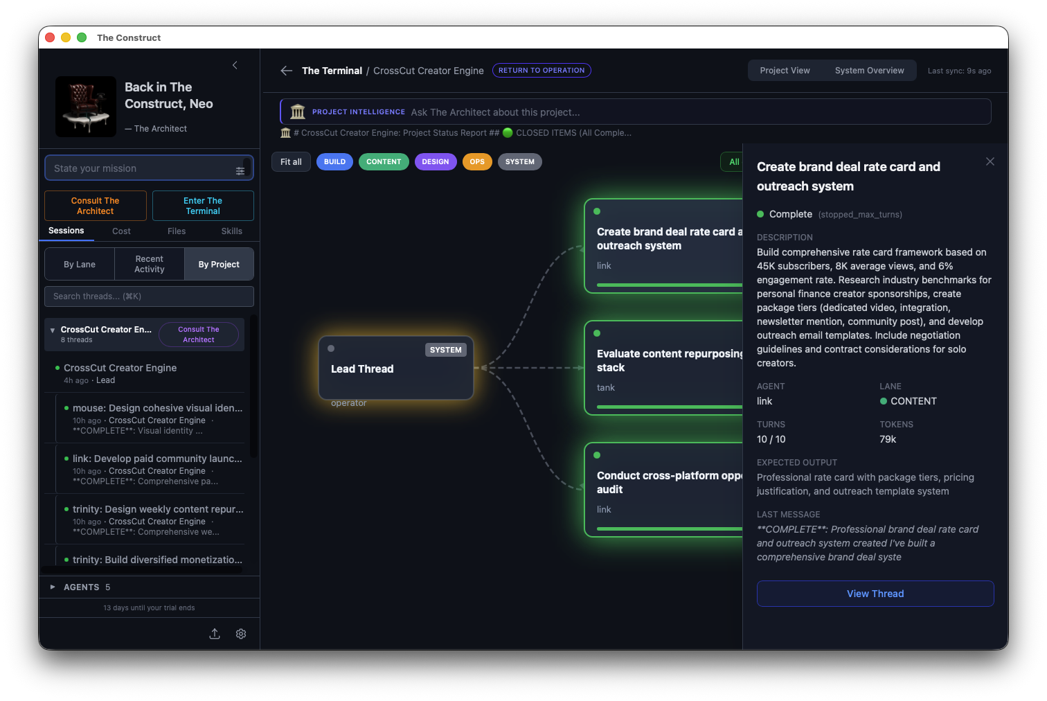 Task Graph with gold glow lead node, green completions, and lane-colored active work