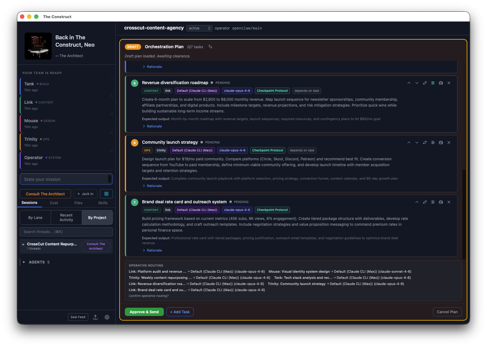 Draft plan with 7 tasks, routing summary, and Approve & Send button