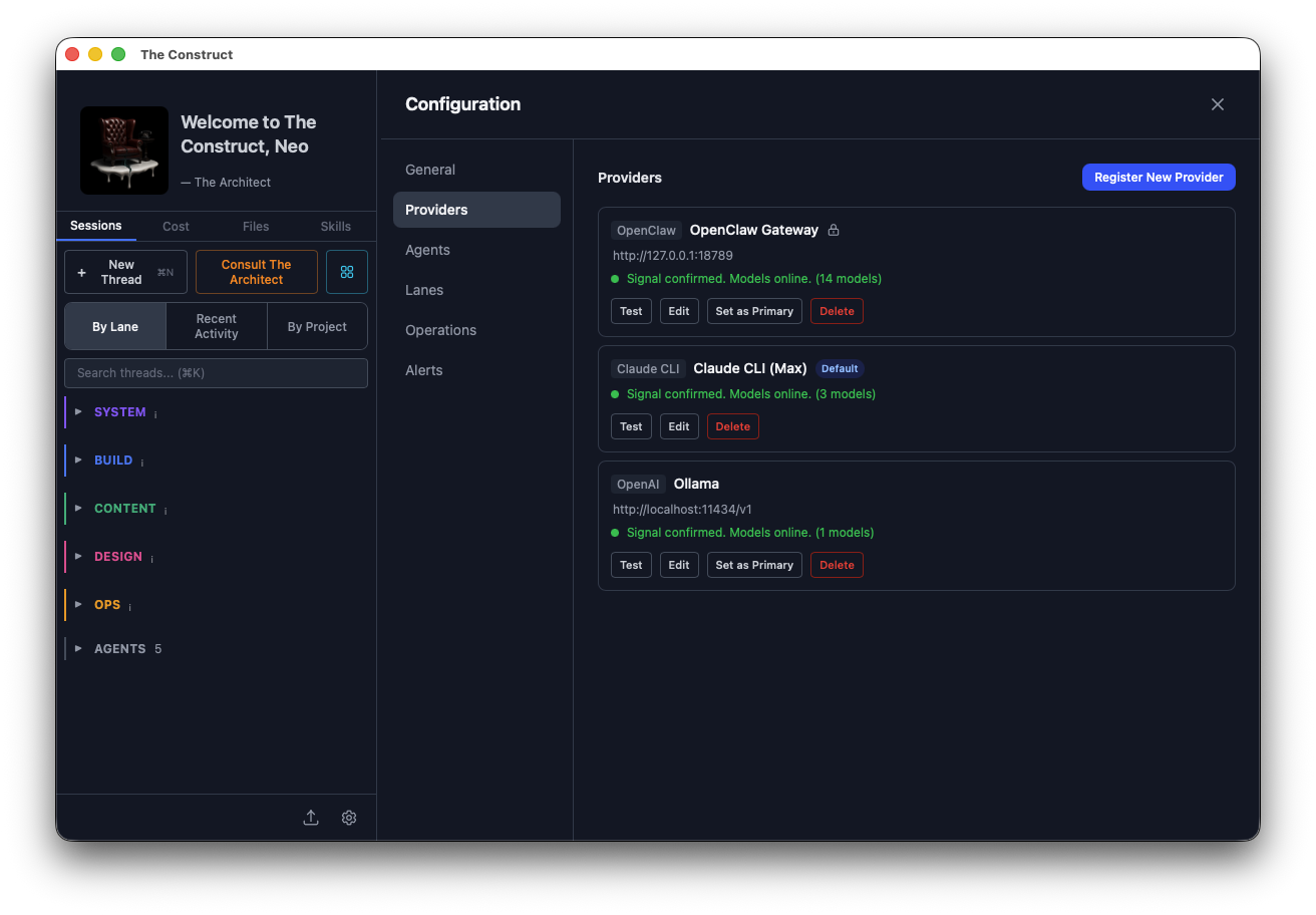 Settings Providers panel showing three AI providers all connected with green status