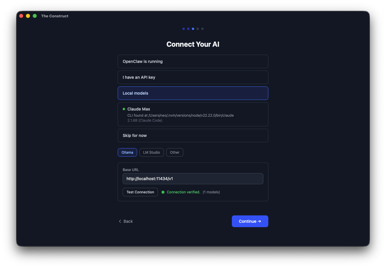Connect Your AI wizard showing Ollama, Claude, and OpenClaw provider options