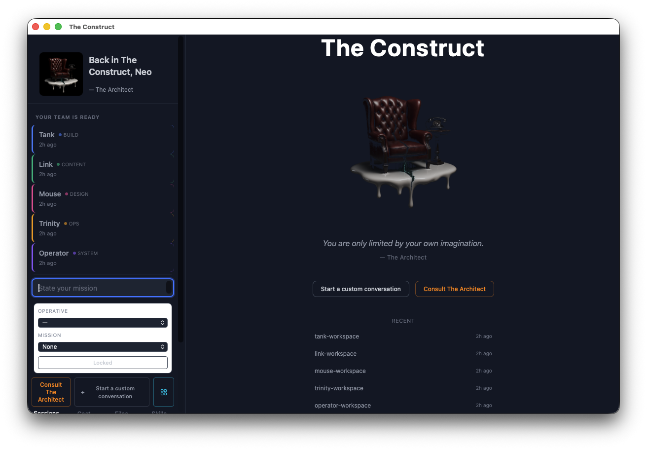 Welcome screen showing YOUR TEAM IS READY with five agent cards