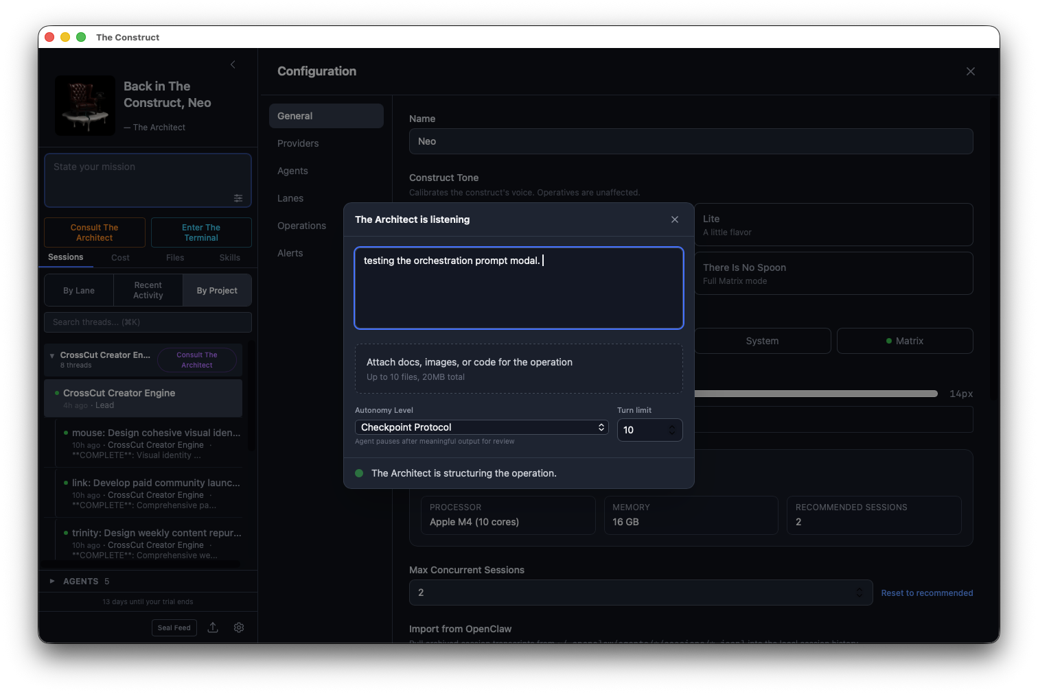 The Architect is listening modal with orchestration brief input