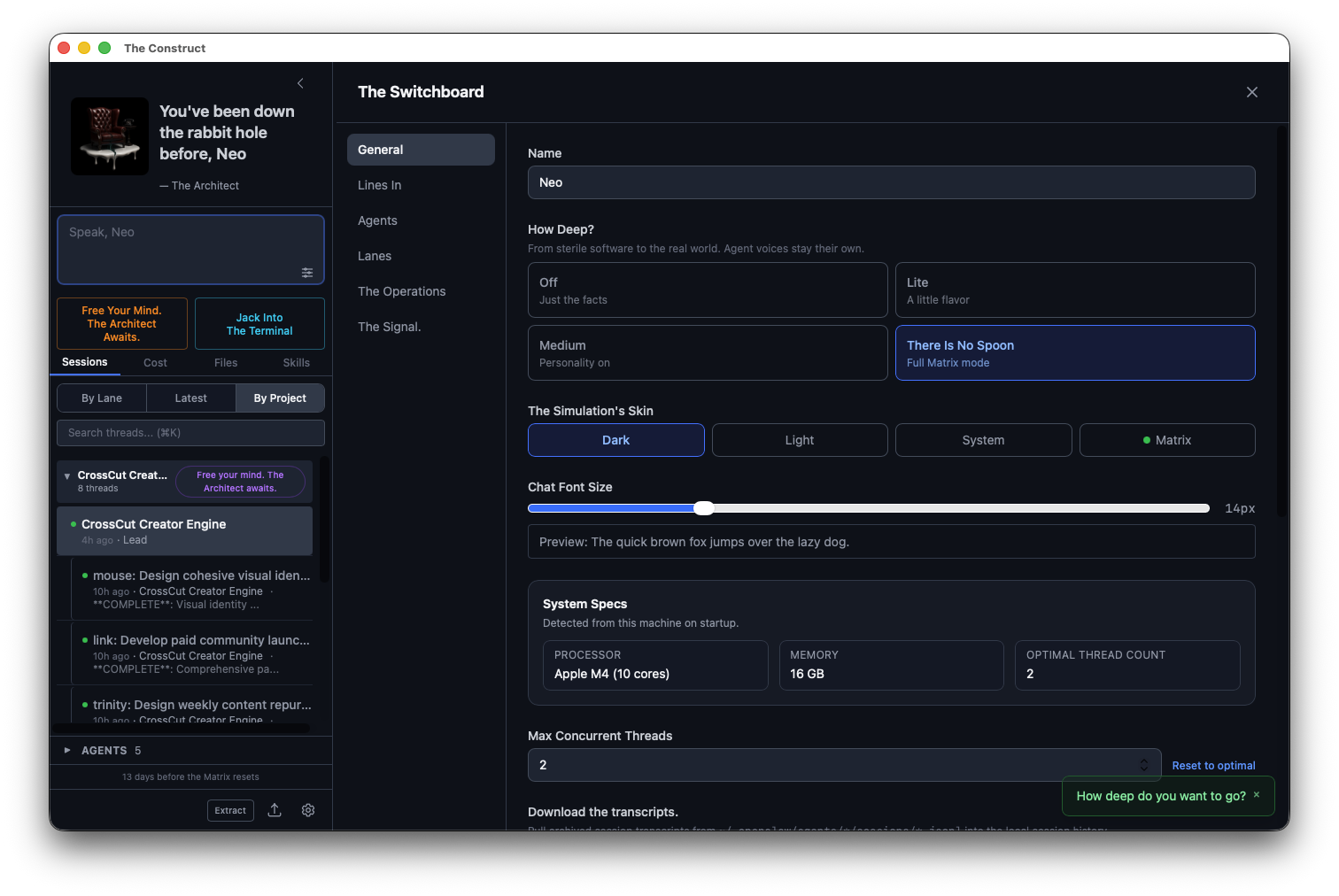 Settings panel with personality slider set to There Is No Spoon level