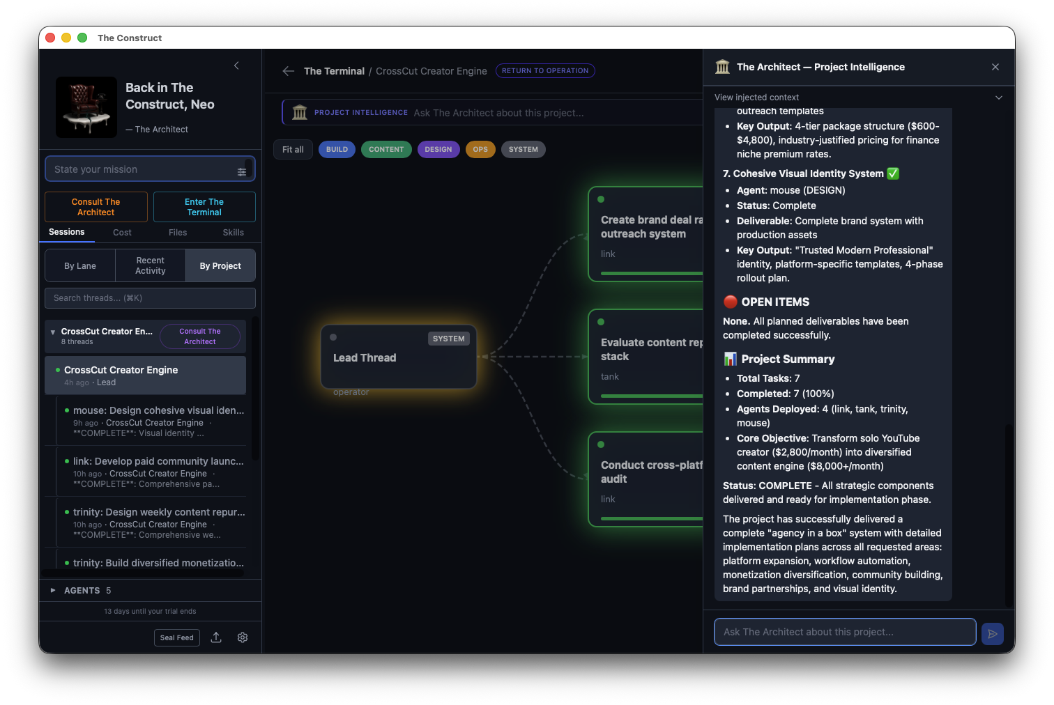 Project Intelligence slide-over panel with full context summary