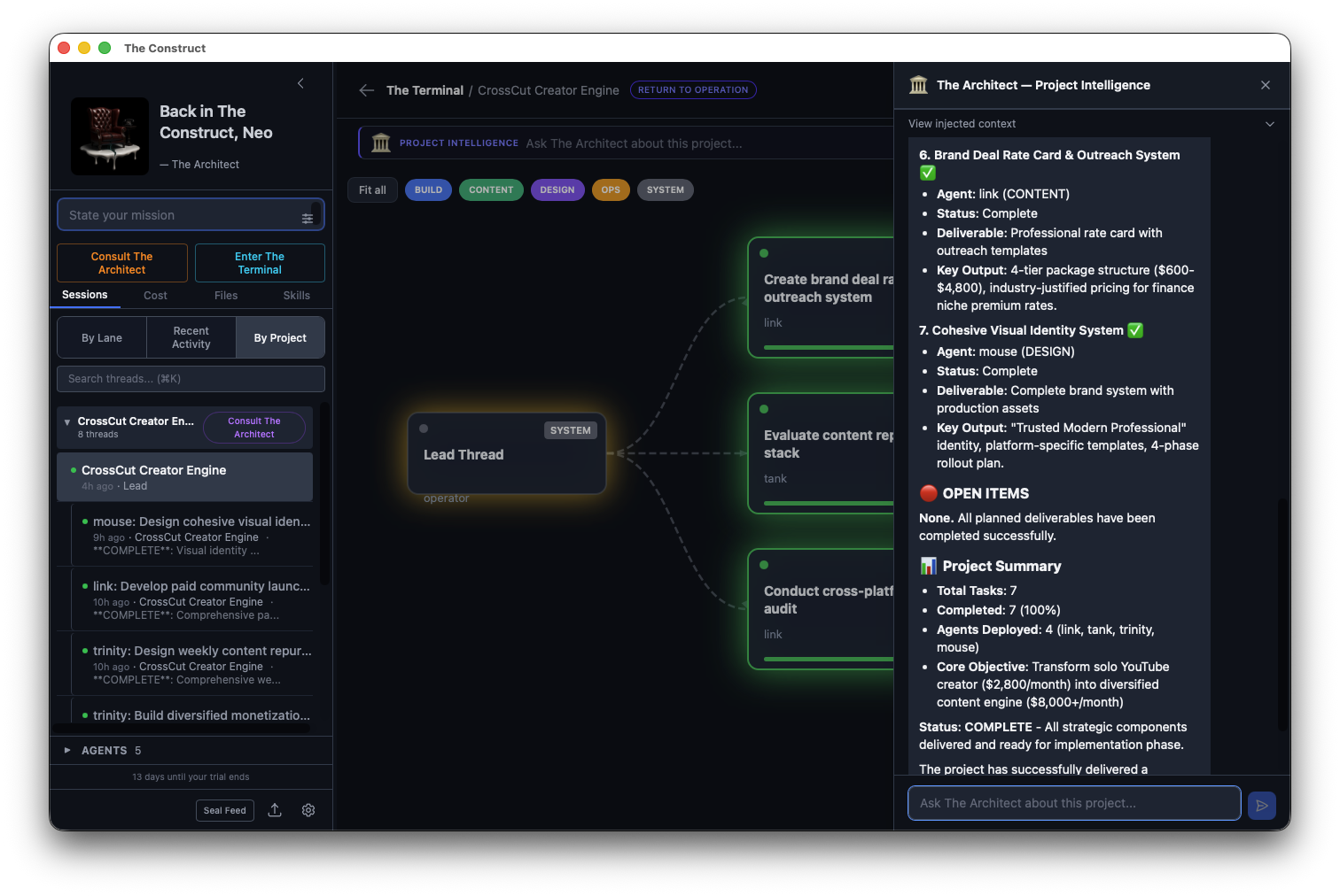 Intelligence panel scrolled to show BlownPDX project details and agent findings