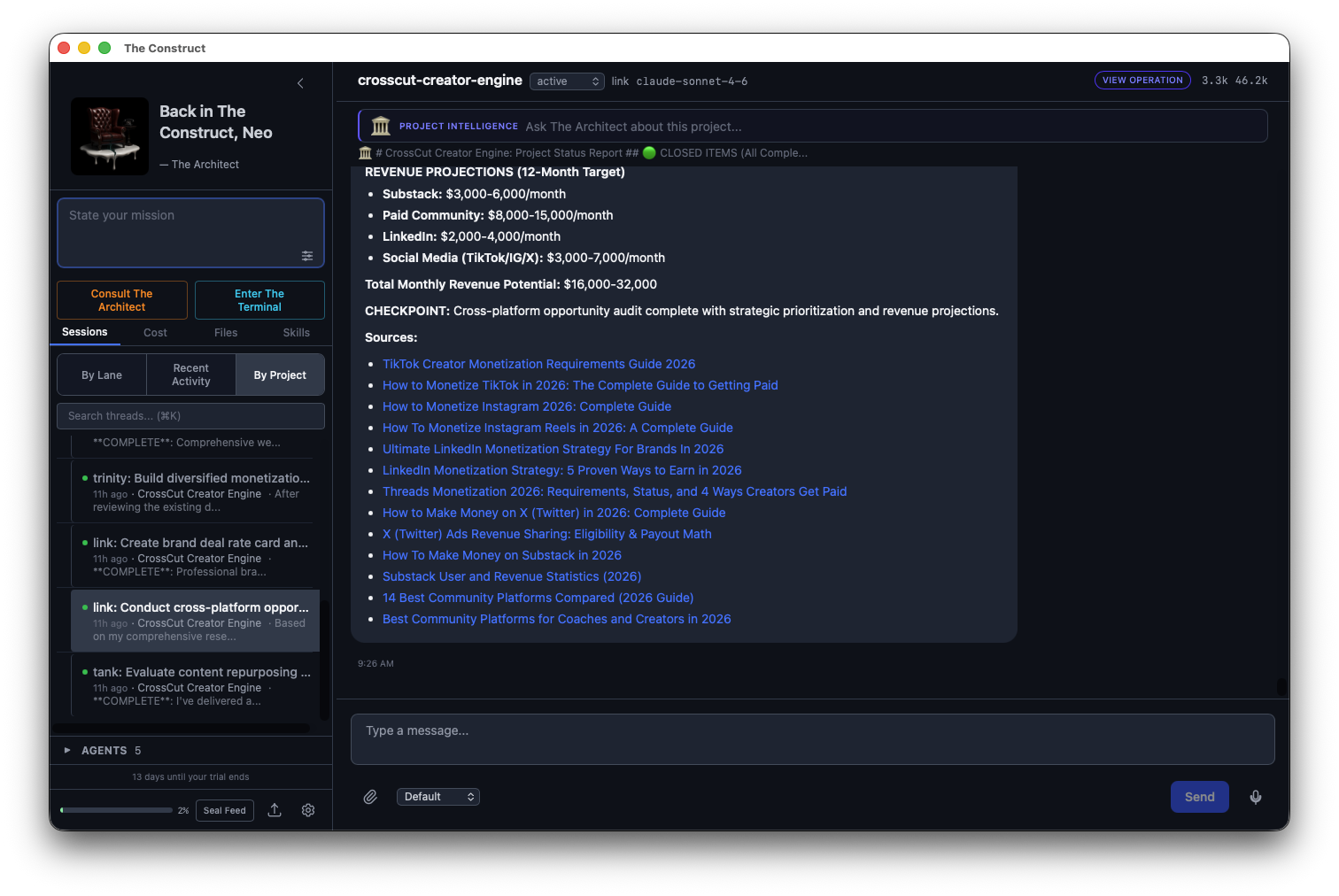 Thread view showing real agent output with revenue projections