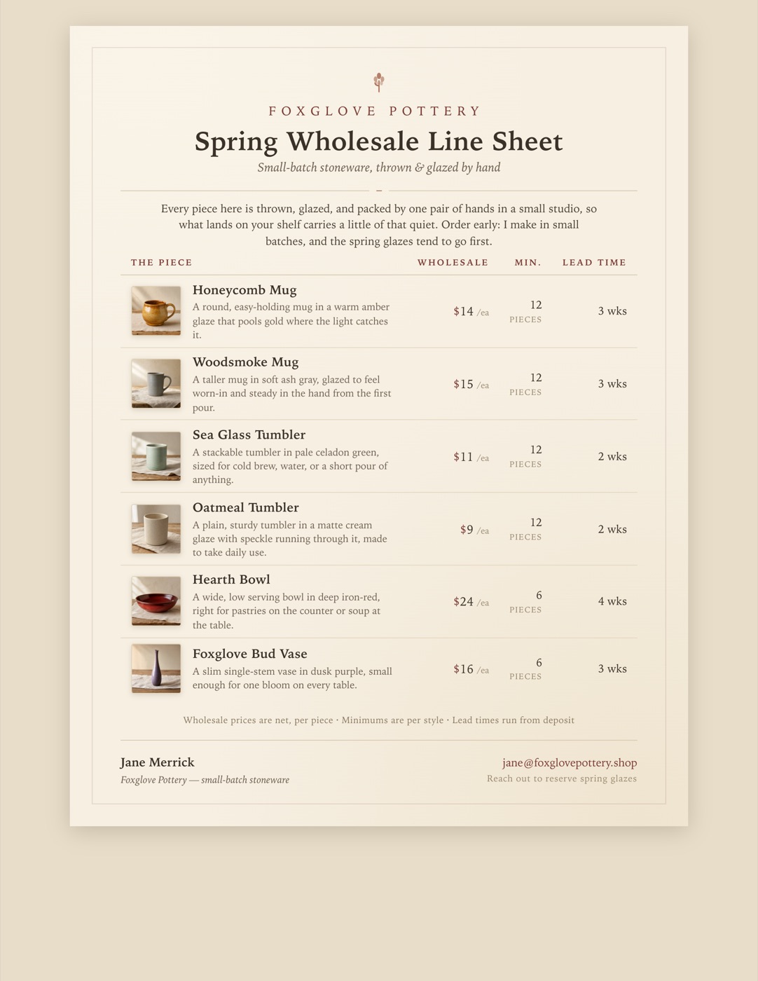 A finished wholesale line sheet for a small pottery studio: six photographed pieces with prices, minimums and lead times, produced end to end by the team.